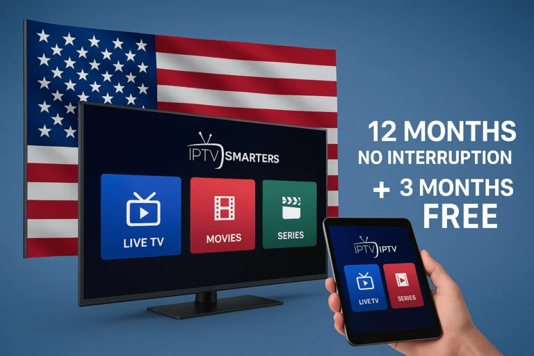 Smart TV displaying IPTV Smarters Pro interface with U.S. flag in background and tablet showing app