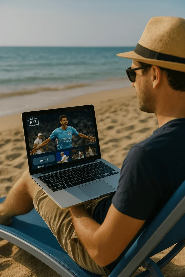 Man watching IPTV Smarters Pro live sports in 4K on beach