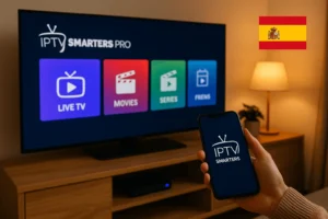 Foto realista mostrando la aplicación IPTV Smarters Pro en una Smart TV con íconos de TV en Directo, Películas y Series, mientras un smartphone muestra el logo de la app