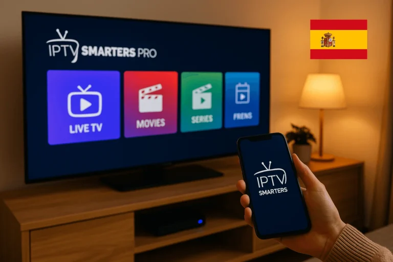 Foto realista mostrando la aplicación IPTV Smarters Pro en una Smart TV con íconos de TV en Directo, Películas y Series, mientras un smartphone muestra el logo de la app
