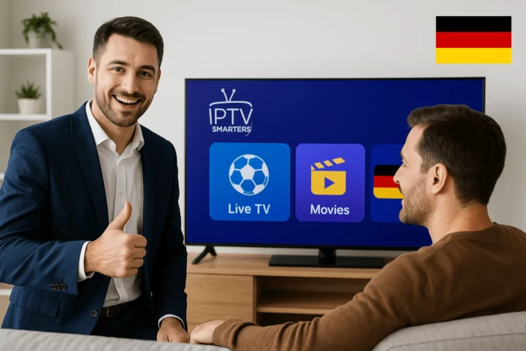 Imagen promocional IPTV Smarters Pro en Alemania con un vendedor sonriente animando al cliente a probar IPTV mientras ve una Smart TV con iconos de Live-TV, Movies y bandera alemana