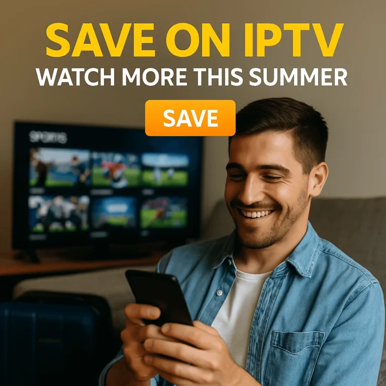 Young man watching IPTV on phone in summer, smiling on sofa with sports on TV screen