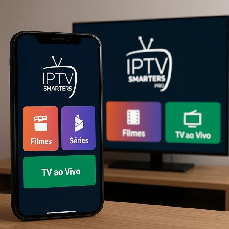 Smartphone exibindo IPTV Smarters Pro com opções de Filmes, Séries e TV ao Vivo