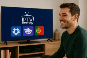 Foto promocional realista IPTV Smarters Pro em Portugal com homem sorridente assistindo Smart TV mostrando ícones de futebol, entretenimento e bandeira portuguesa