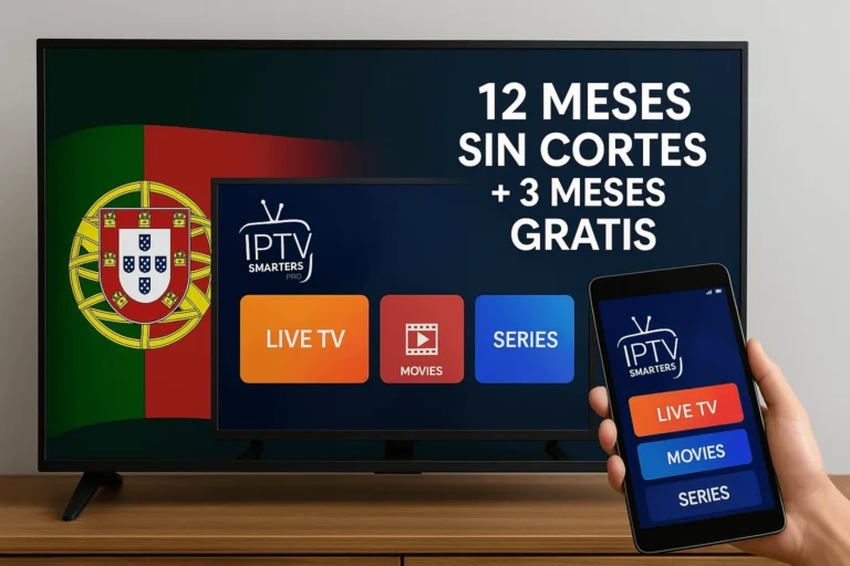 Smart TV mit IPTV Smarters Pro Interface, portugiesische Flagge im Hintergrund, Tablet mit App in der Hand