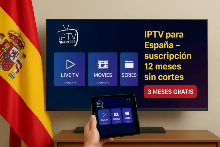 Smart TV mit IPTV Smarters Pro Interface, spanische Flagge daneben, Tablet mit App in der Hand