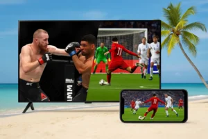 Tela cheia mostrando UFC e futebol com IPTV Smarters Pro na praia no verão