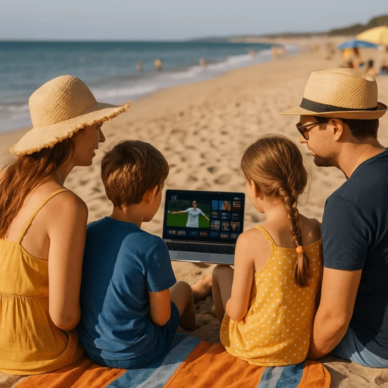 Famille française regardant IPTV Smarters Pro sur la plage en été