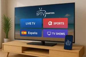 Interfaz IPTV Smarters Pro en Smart TV mostrando España, deportes, TV en vivo y programas