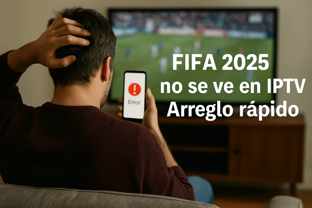 Hombre mirando su móvil con error mientras se ve FIFA 2025 en la TV