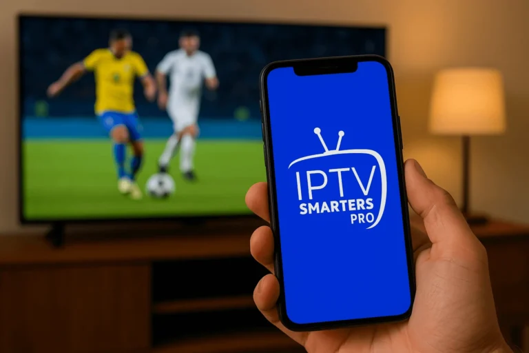 Smartphone mostrando logo IPTV Smarters Pro frente a un televisor con un partido de fútbol