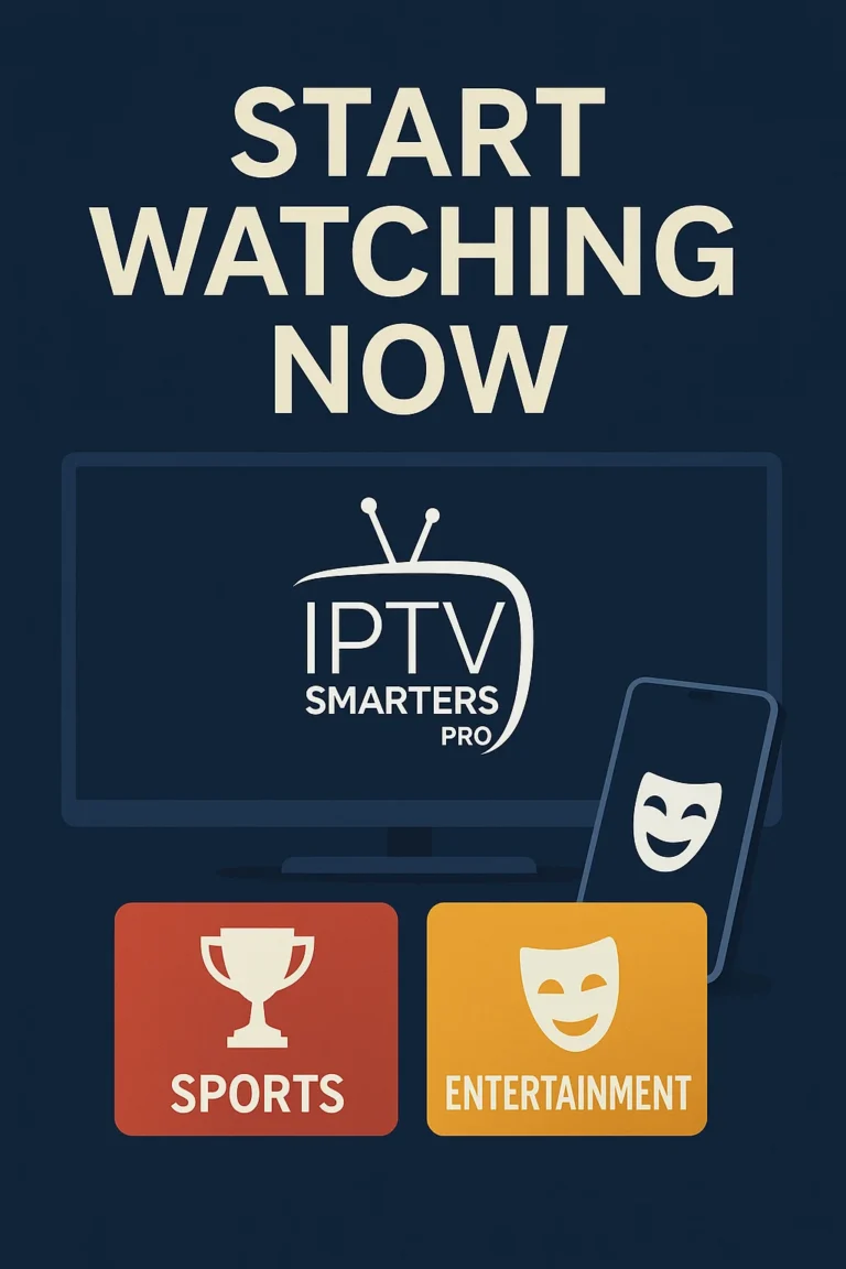 Promotional image for IPTV Smarters Pro showing Smart TV and smartphone with sports and entertainment icons