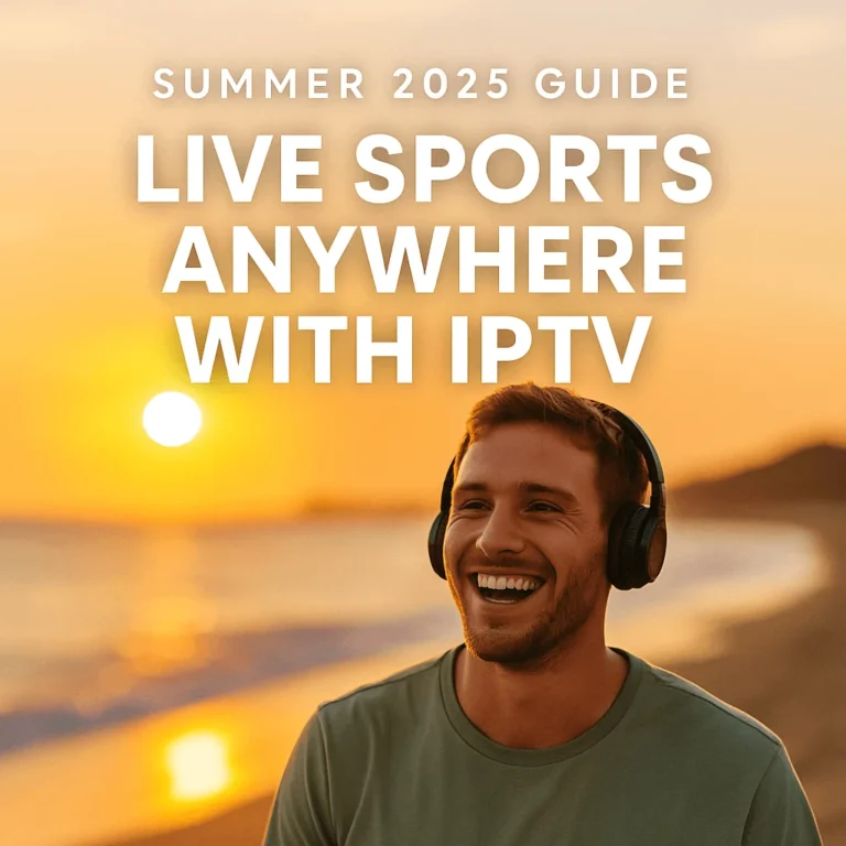 Smiling man with headphones on the beach at sunset watching IPTV sports
