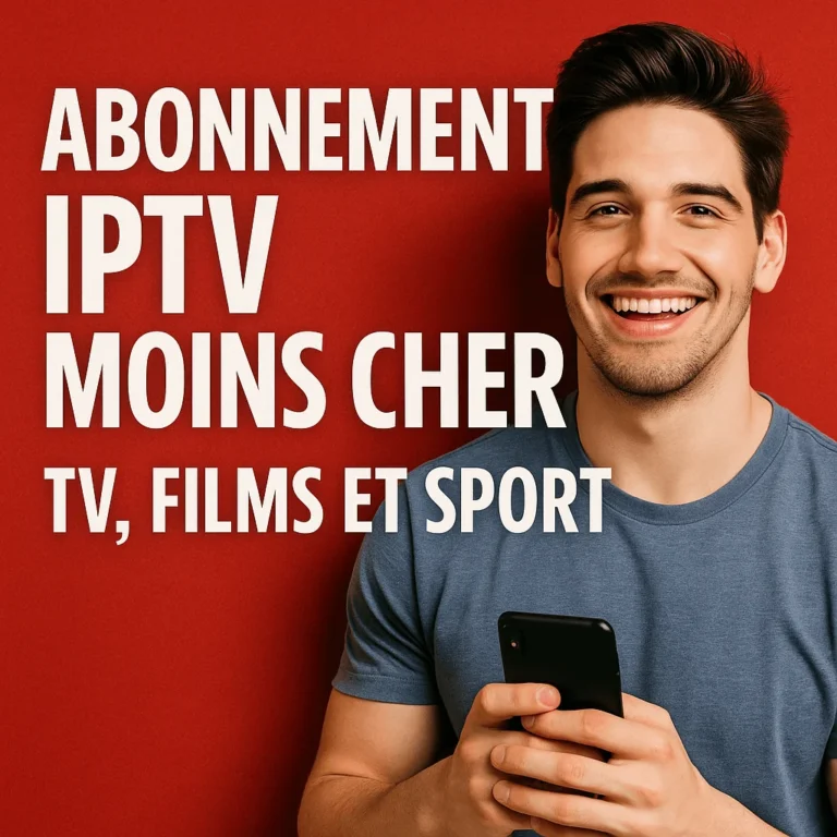 Jeune homme souriant tenant un smartphone avec fond rouge – Offre IPTV pas chère