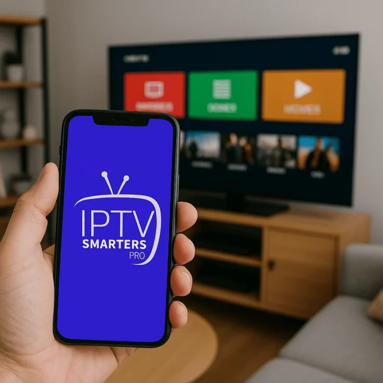 Smartphone mostrando IPTV Smarters Pro frente a un televisor con series y películas en pantalla