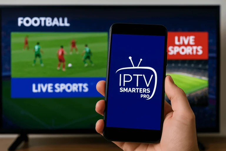 Smartphone mostrando IPTV Smarters Pro frente a una TV con un partido de fútbol en directo