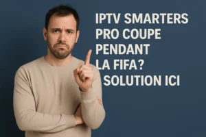Homme inquiet pointant vers texte “IPTV coupe pendant la FIFA ?”