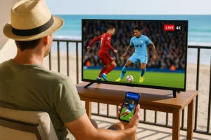 Pessoa assistindo jogo de futebol em 4K com IPTV Smarters Pro na varanda com vista para a praia