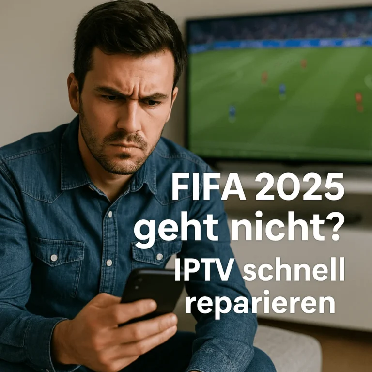 Mann schaut frustriert aufs Handy – FIFA 2025 im TV funktioniert nicht