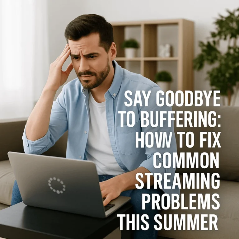 Man frustrated with buffering on laptop, bold text on right about fixing streaming issues.