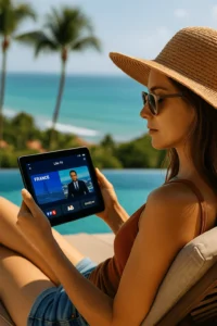Femme regardant des chaînes françaises sur une tablette au bord de la mer