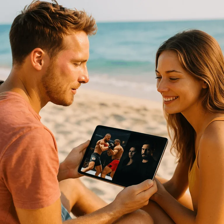 Pareja viendo deportes y películas en una tablet en la playa usando IPTV Smarters Pro