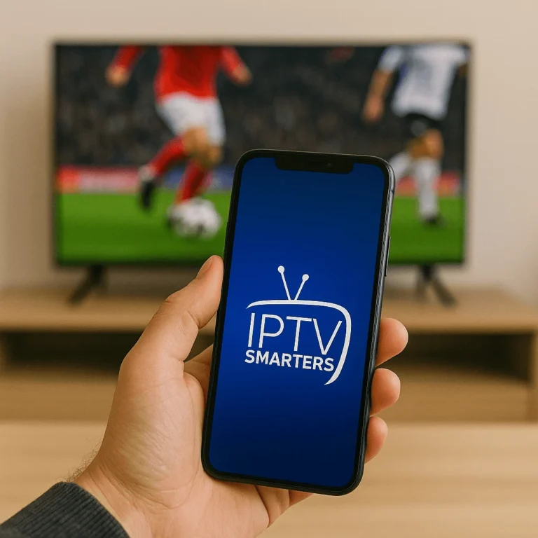 Smartphone mostrando IPTV Smarters Pro em frente a uma TV transmitindo futebol ao vivo