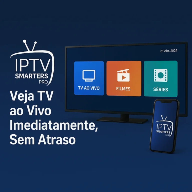 Imagem promocional IPTV Smarters Pro em Portugal com Smart TV e smartphone mostrando a app com ícones TV ao Vivo, Filmes e Séries