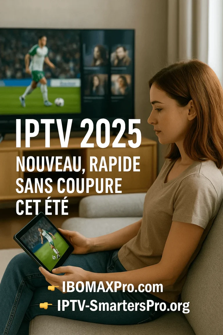 Woman watching live football on tablet, smart TV in background showing IPTV interface, text promoting fast and stable IPTV 2025 experience.