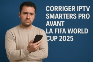 Homme tenant un smartphone avec texte sur problème IPTV avant FIFA 2025