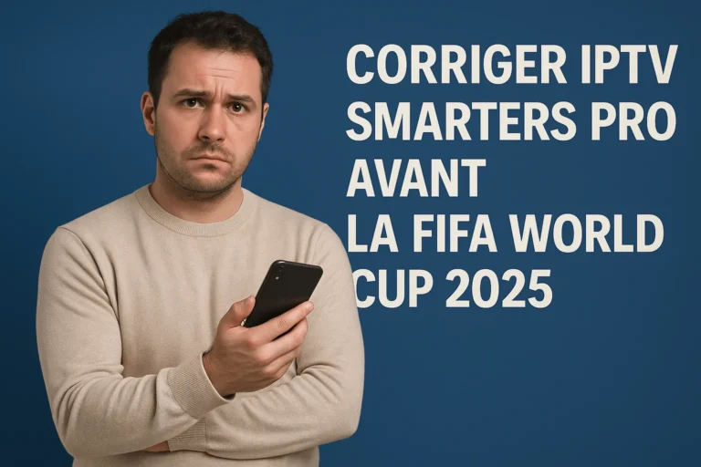 Homme tenant un smartphone avec texte sur problème IPTV avant FIFA 2025