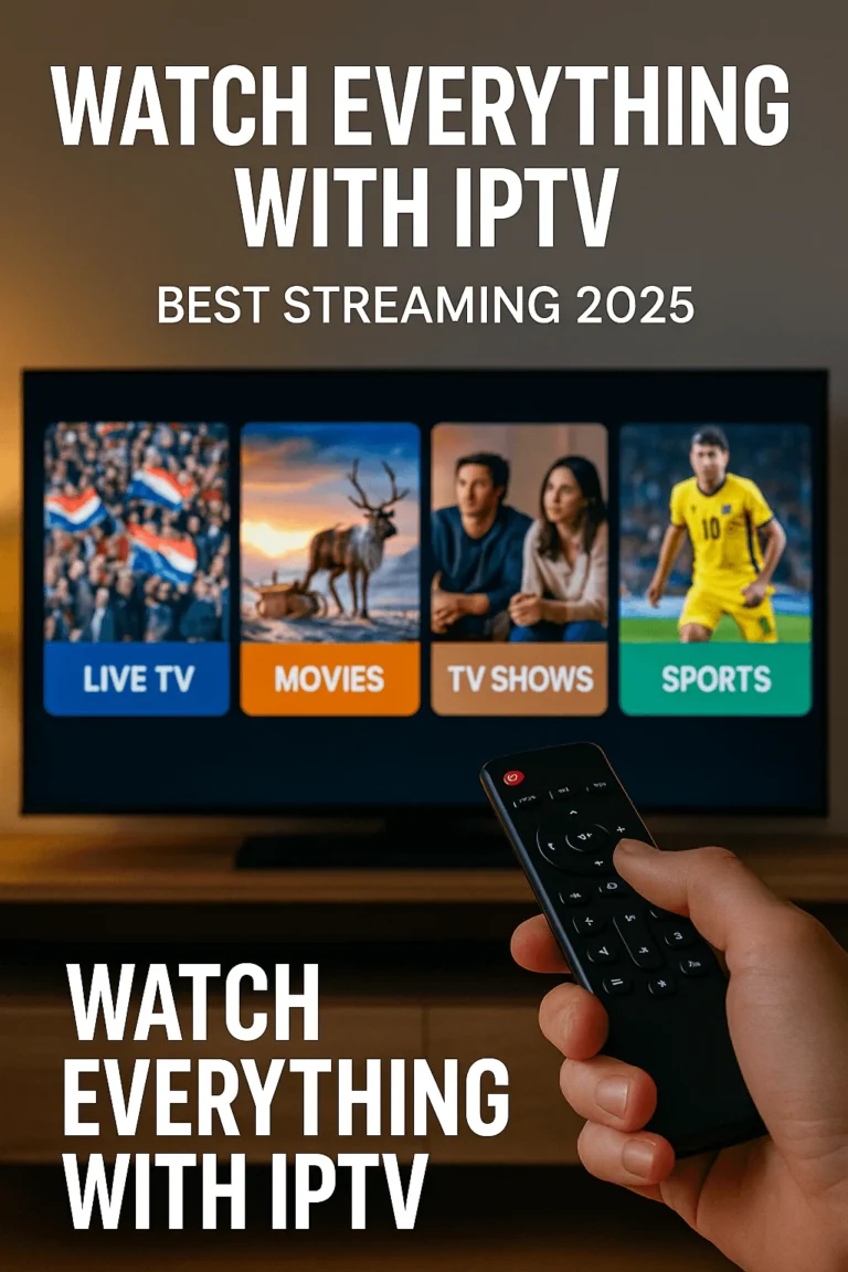 A smart TV screen displays IPTV categories like Live TV, Movies, TV Shows, and Sports, while a hand holds a remote control.