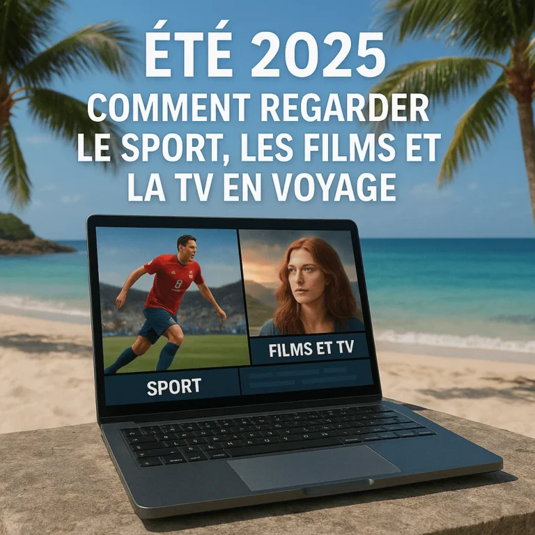 Laptop on a beach in summer 2025 streaming sports and movies with French text about watching TV while traveling.