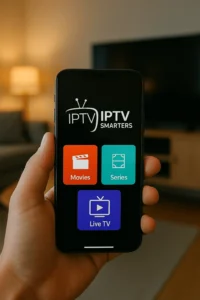 Smartphone mostrando IPTV Smarters Pro con opciones de Movies, Series y Live TV