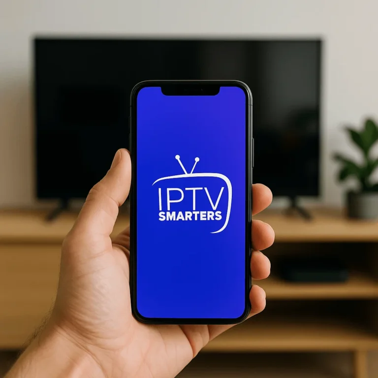 Smartphone mostrando IPTV Smarters Pro frente a una Smart TV en sala moderna