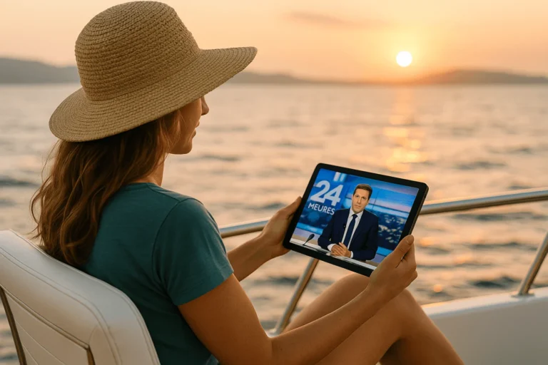 Mujer joven mirando canales franceses en su tablet mientras viaja con IPTV Smarters Pro