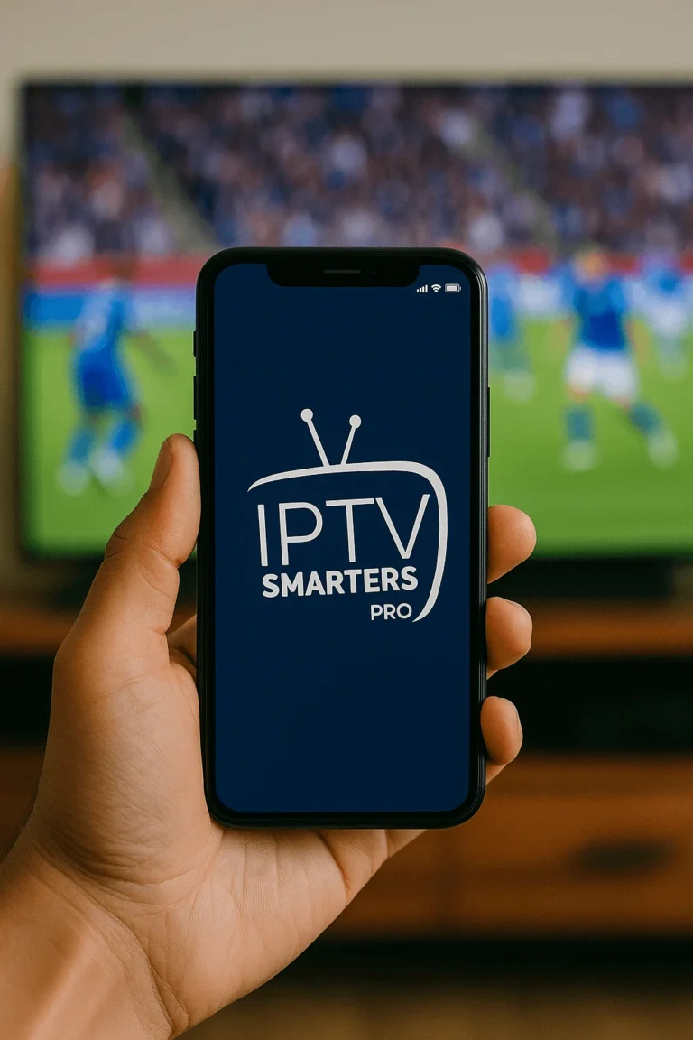 Smartphone avec logo IPTV Smarters Pro devant un match de football en arrière-plan flou