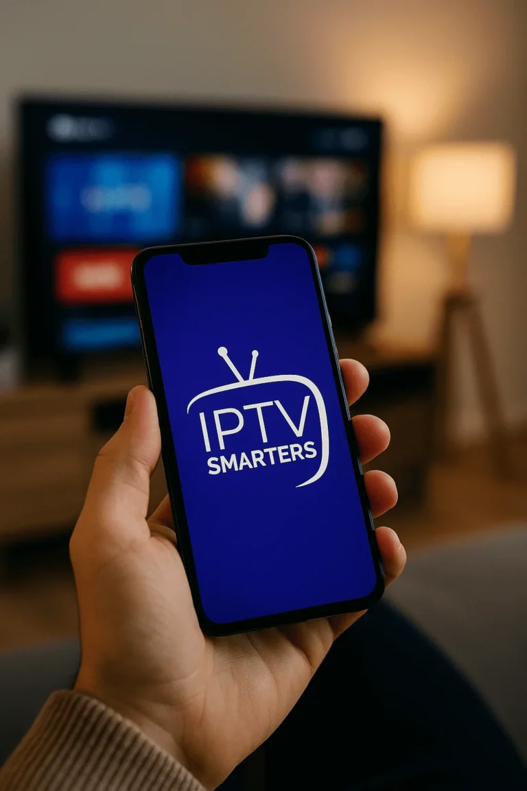 Smartphone mostrando el logo IPTV Smarters Pro sostenido frente a un televisor en sala iluminada
