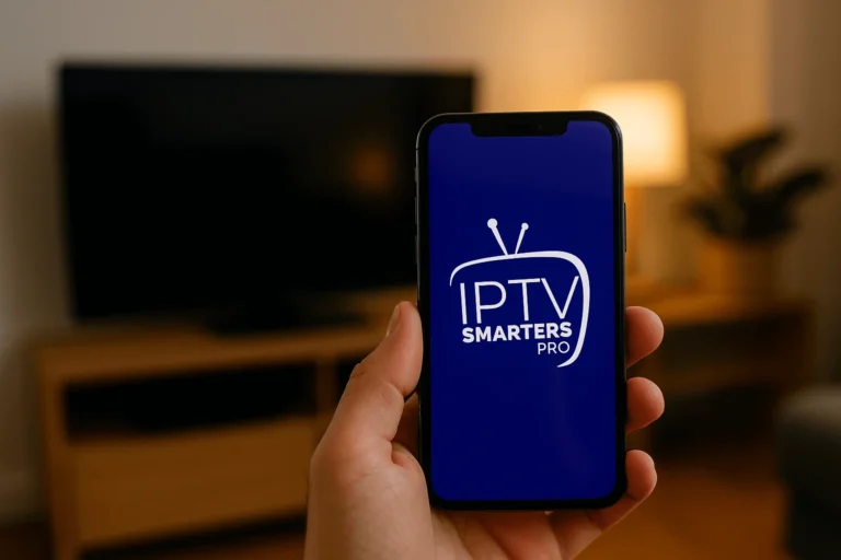 Smartphone mostrando logo IPTV Smarters Pro frente a Smart TV en sala moderna