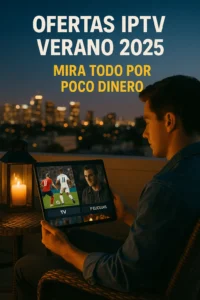 Man on a rooftop terrace watching IPTV on a tablet at night, with Spanish promo text for summer deals.