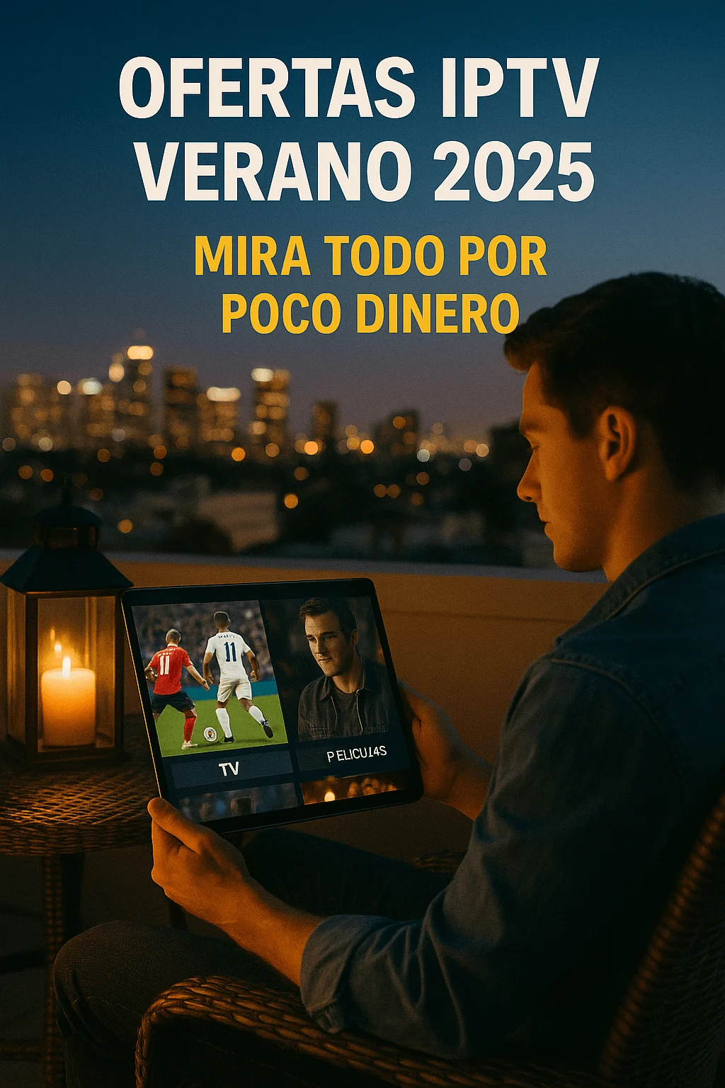 Man on a rooftop terrace watching IPTV on a tablet at night, with Spanish promo text for summer deals.