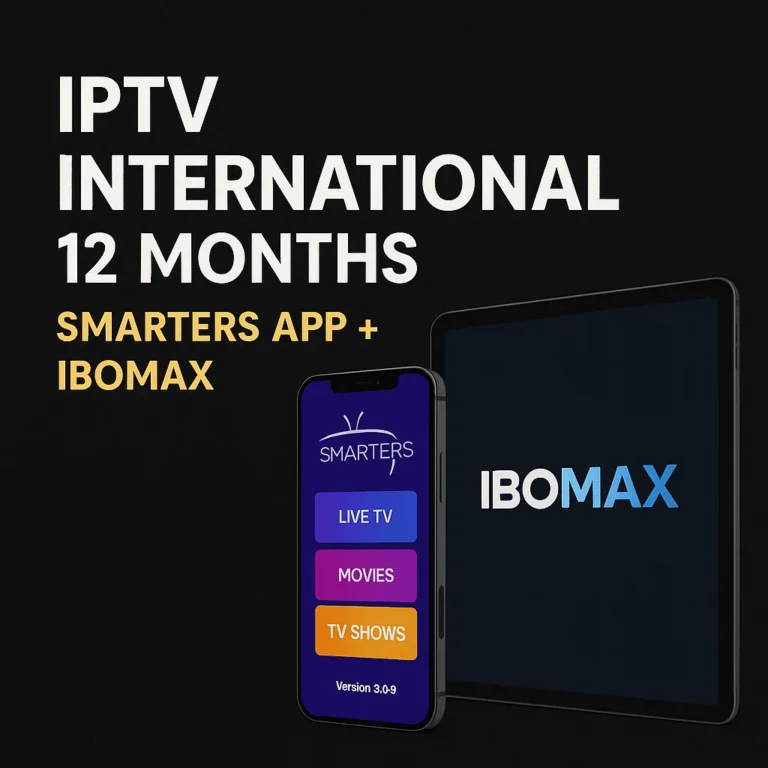 Promotional image for IPTV International subscription – Smarters App and IBOMAX displayed on iPhone and iPad