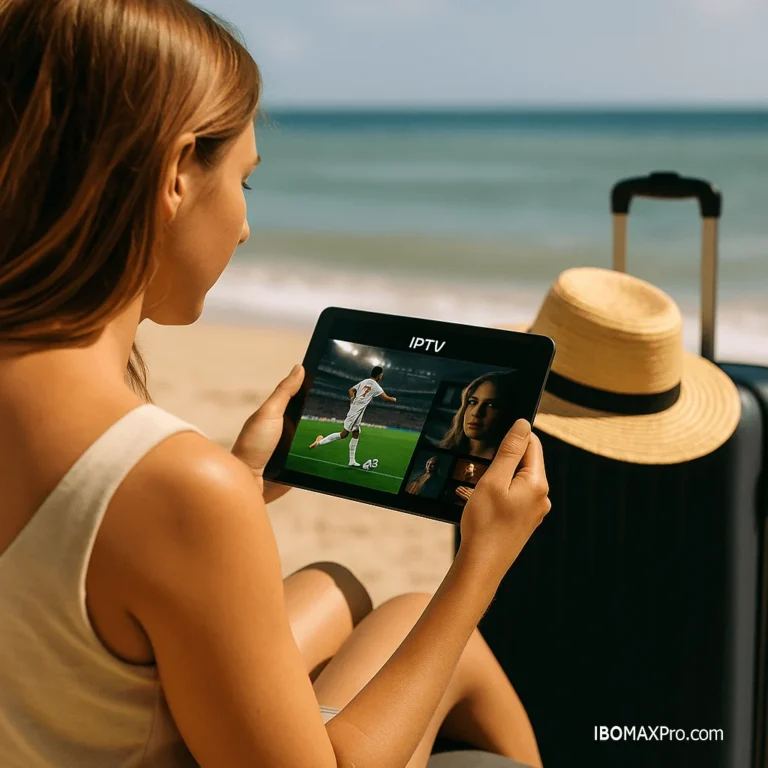 Femme en voyage regardant la TV sur tablette, avec chapeau d’été à côté, valise en arrière-plan, ambiance plage.