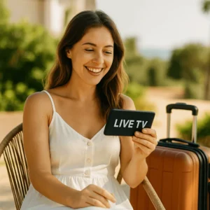 Femme souriante en vacances regardant la TV sur son téléphone, avec valise à côté, ambiance estivale