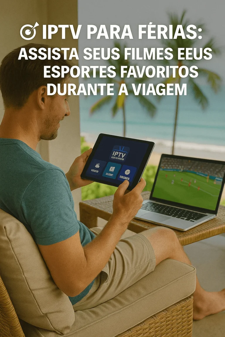 Homem sentado em varanda tropical assistindo IPTV em um tablet, com laptop ao lado transmitindo futebol ao vivo