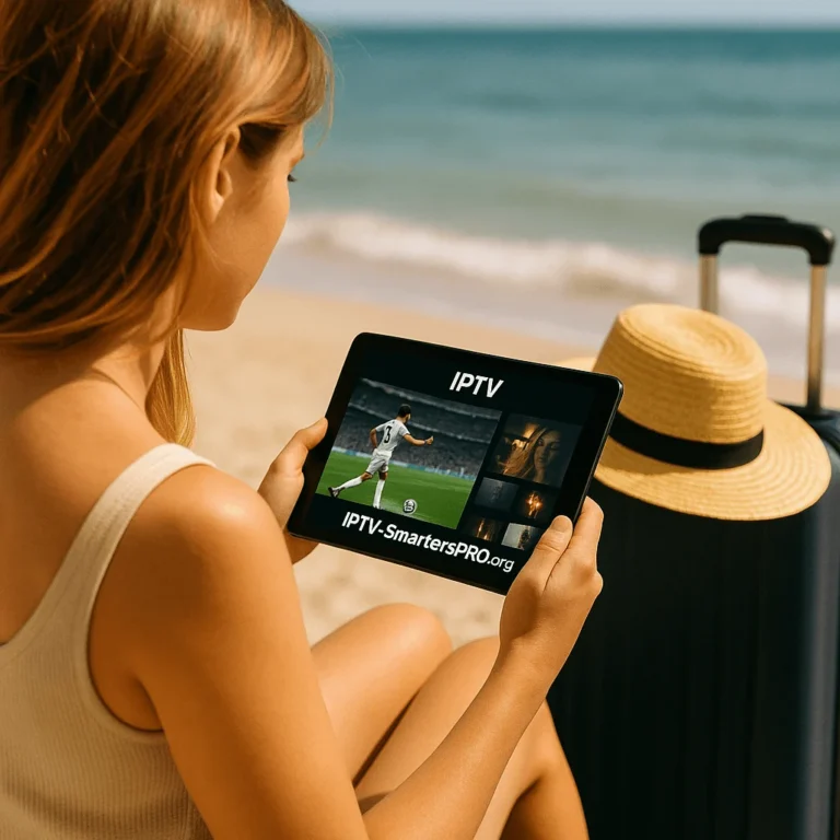 Mujer mirando IPTV en su tablet en la playa, con sombrero y maleta al lado, ambiente soleado y relajado.