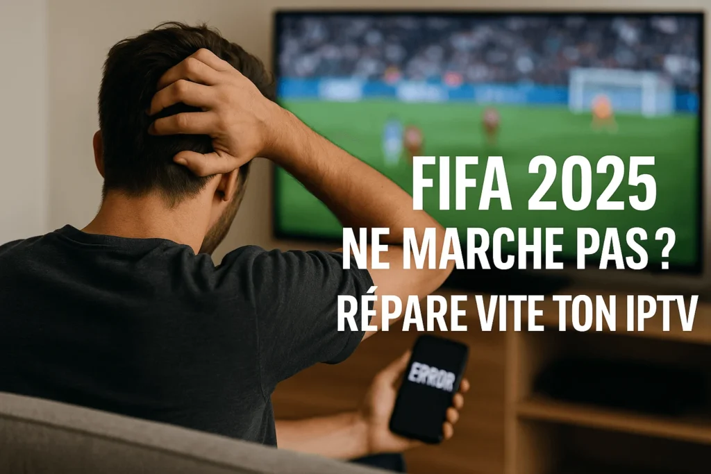 Personne frustrée tenant un téléphone en erreur devant match FIFA