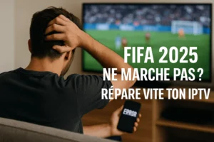 Personne frustrée tenant un téléphone en erreur devant match FIFA