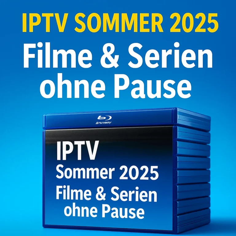 Werbegrafik für IPTV Sommer 2025 mit Blu-ray-Hüllen und Text "Filme & Serien ohne Pause"