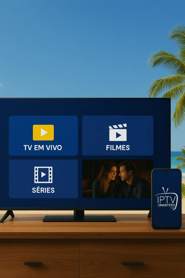 Interface IPTV Smarters Pro com TV em vivo, filmes e séries exibida em TV e celular frente à praia